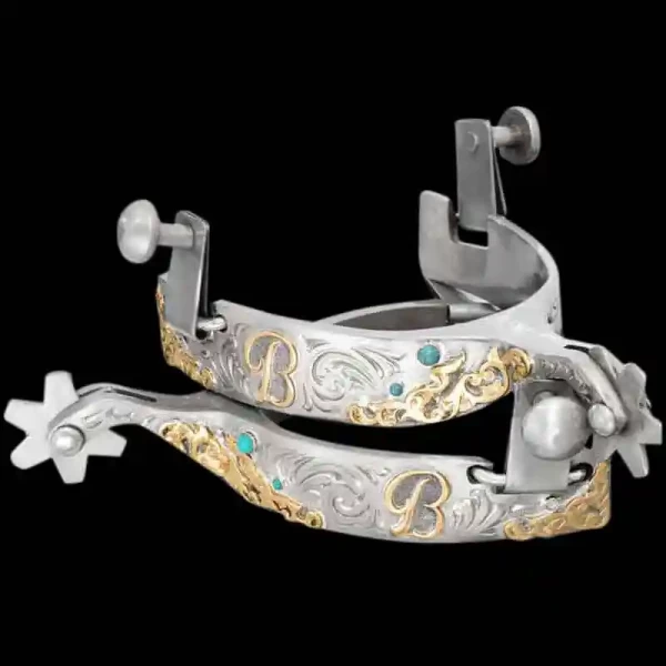 "Our Goldie Griffith Spurs are functional & beautifully crafted with only the highest quality materials so they will last ya for years to come! Personalize with your favorite color stones and your ranch brand or initials. These spurs are engraved